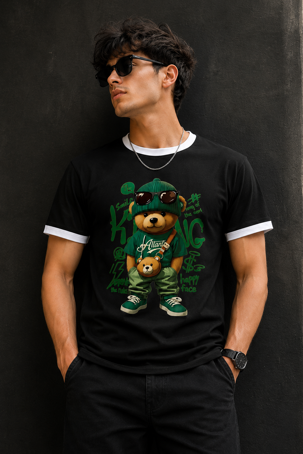 Urban Bear Graphic Ringer T-Shirt