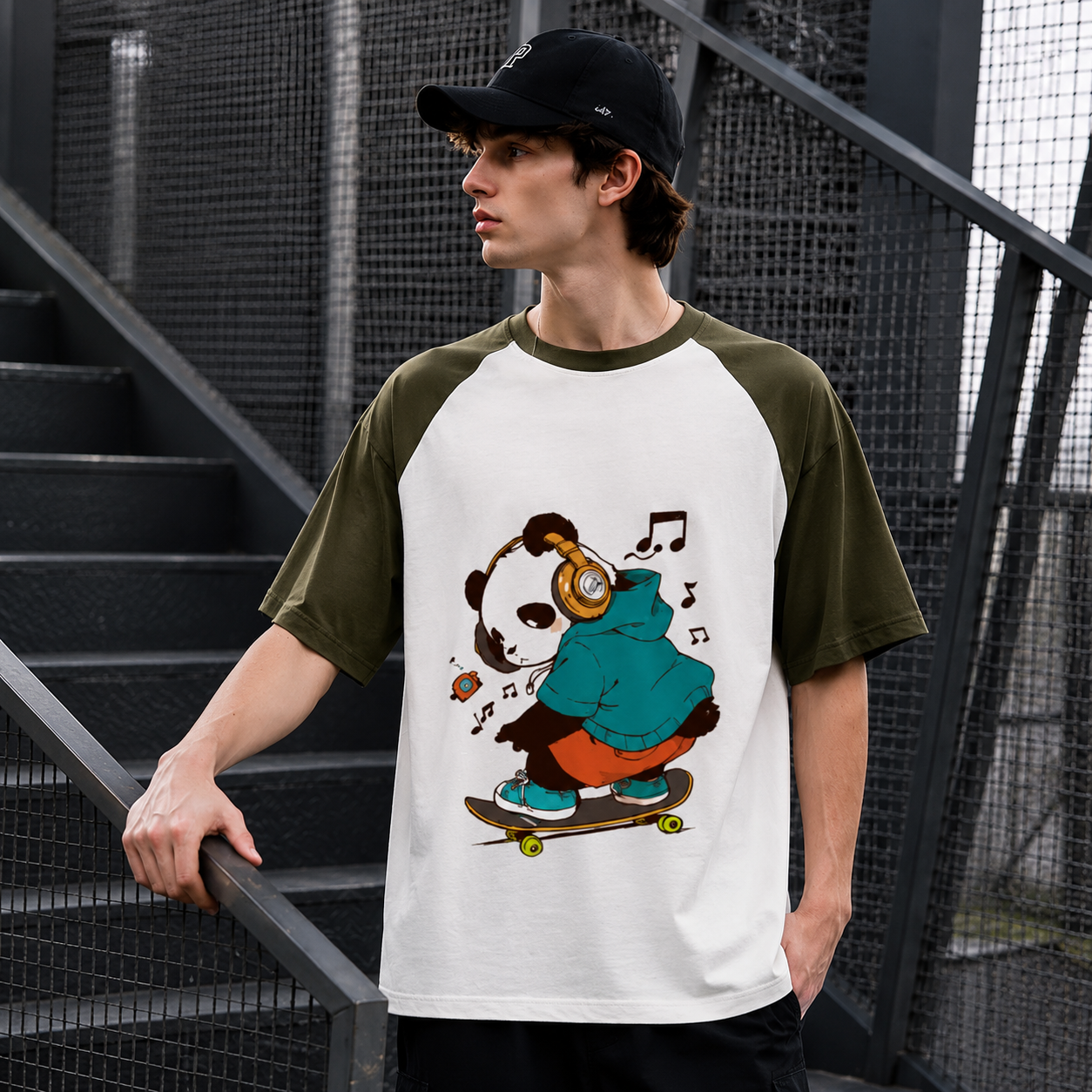 Oversized Panda Skateboarding Graphic T-Shirt