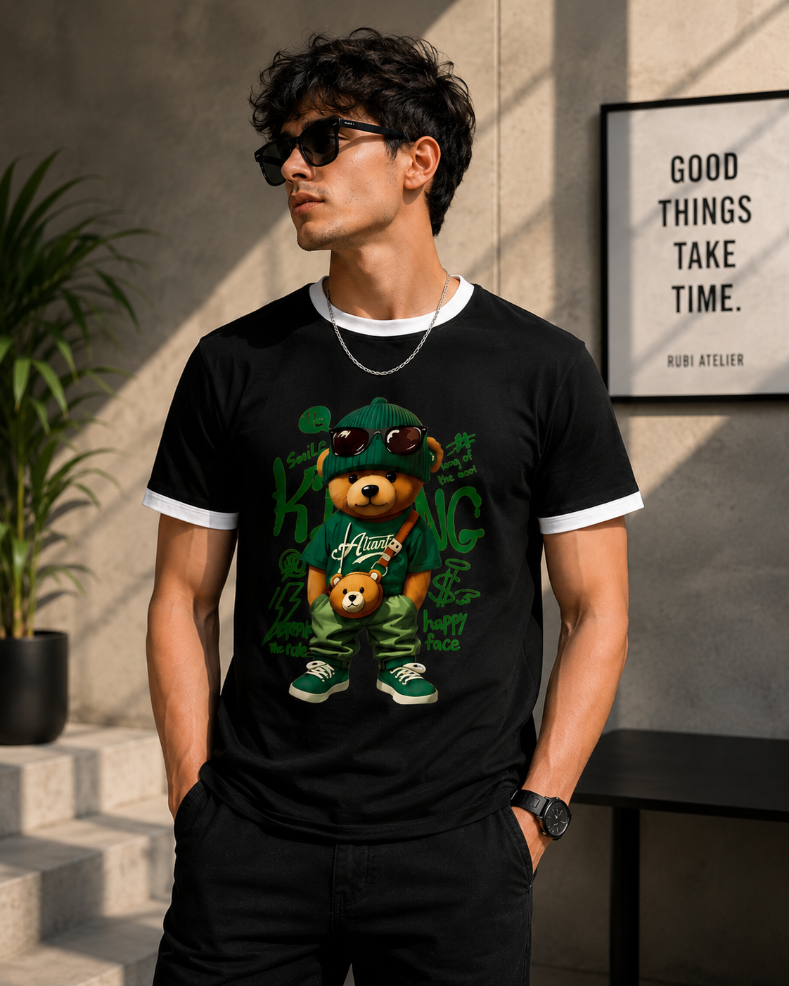 Urban Bear Graphic Ringer T-Shirt