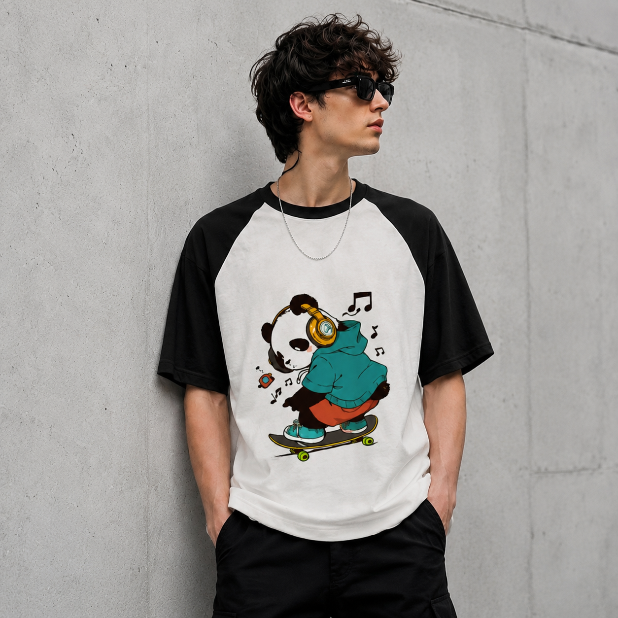 Oversized Panda Skateboarding Graphic T-Shirt